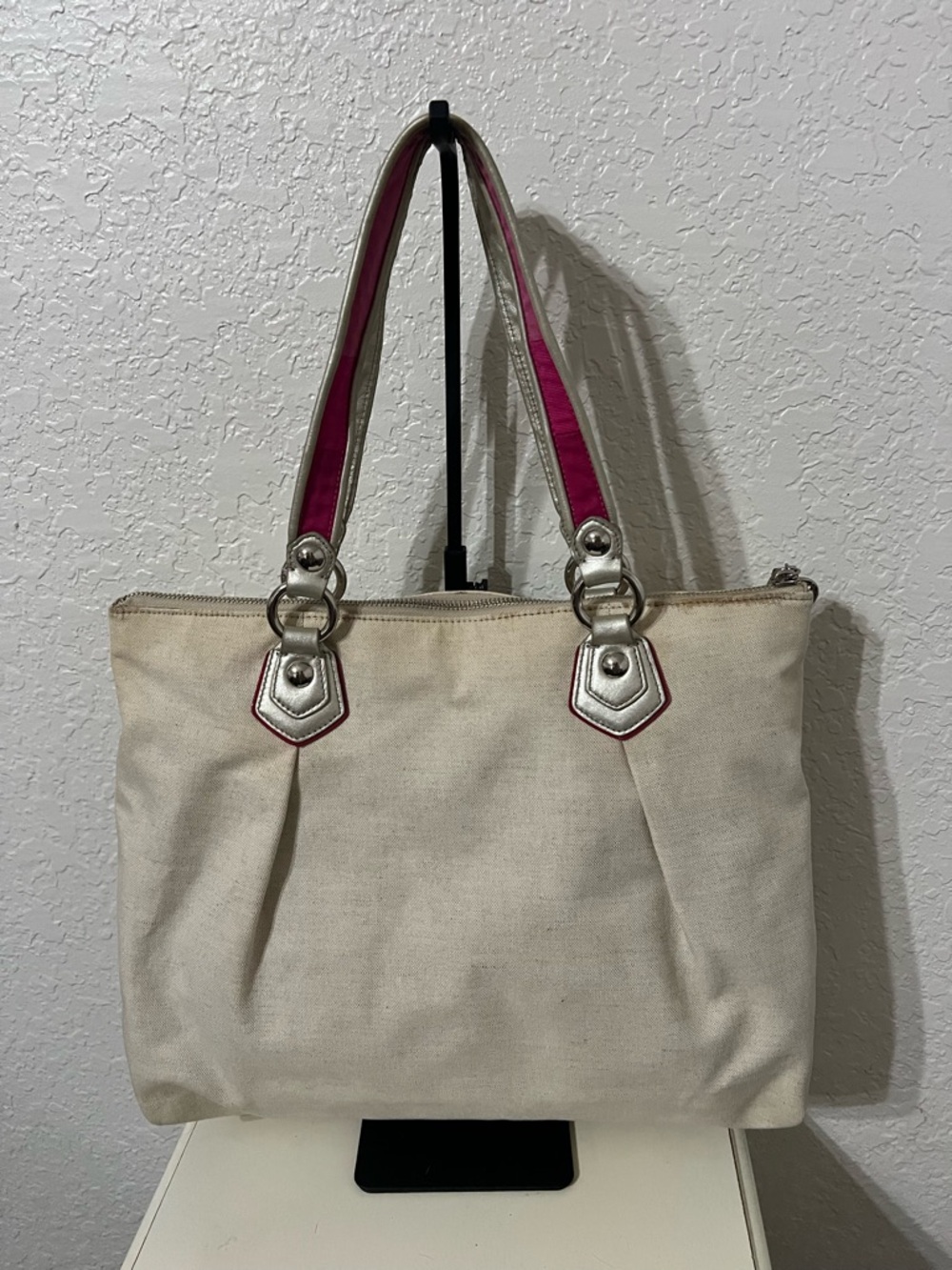 Coach Canvas Poppy Tote Bag with Pink Accents and Silver Hardware - Picture 2 of 10